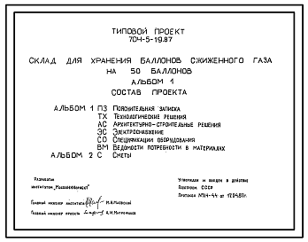 Состав Типовой проект 704-5-19.87 Склад для хранения баллонов сжиженного газа на 50 баллонов