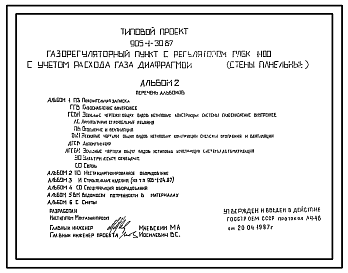 Состав Типовой проект 905-1-30.87 Газорегуляторный пункт с регулятором РДБК 1-100 с учетом расхода газа диафрагмой (стены панельные)