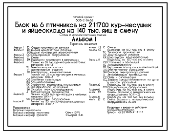 Состав Типовой проект 805-2-84.88 Блок из 6 птичников на 211700 кур-несушек и яйцесклада на 140 тыс. яиц в смену. Содержание кур в клеточных батареях БКН-3. Стены из керамзитобетонных панелей