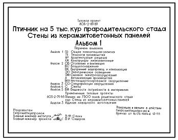 Состав Типовой проект 805-2-89.89 Птичник на 5 тыс. кур прародительского стада. Птица содержится на глубокой подстилке. С применением комплекта оборудования КМК-18. Размеры здания -18x84 м. Расчетная температура: -30°С. Стены - панельные легкобетонные. Покрытие