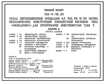 Состав Типовой проект 709-9-98.89 СКЛАД НЕ ОТАПЛИВАЕМЫЙ ПЛОЩАДЬЮ 8,5 ТЫС. (ИЗ ЛЕГКИХ МЕТАЛЛИЧЕСКИХ КОНСТРУКЦИЙ КОМПЛЕКТНОЙ ПОСТАВКИ ТИПА «МОЛОДЕЧНО») ДЛЯ ПРОМТОВАРОВ ВМЕСТИМОСТЬЮ 7200 Т