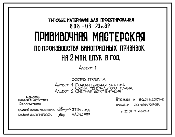 Состав Типовой проект 808-3-23с.89 ПРИВИВОЧНАЯ МАСТЕРСКАЯ ПО ПРОИЗВОДСТВУ ВИНОГРАДНЫХ ПРИВИВОК НА 2 МЛН.ШТУК В ГОД.