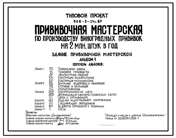 Состав Типовой проект 808-3-24с.89 ПРИВИВОЧНАЯ МАСТЕРСКАЯ ПО ПРОИЗВОДСТВУ ВИНОГРАДНЫХ ПРИВИВОК НА 2 МЛН.ШТУК В ГОД. ЗДАНИЕ ПРИВИВОЧНОЙ МАСТЕРСКОЙ.