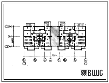 Фасады Типовой проект П-2-230(155-032с. 13 87) Помещения общественного назначения в подвале 5-этажной 20-квартирной рядовой блок-секции с торцовыми окончаниями, с проездом 4 4-4 4, (убежище на 230 человек, размеры убежища 38м на 12,8м, режимы вентиляции 1,2).