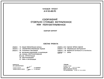 Состав Типовой проект А-IV-50-485.90 Сооружение отдельно стоящее заглубленное или полузаглубленное. Стены из железобетонных элементов (индивидуальные). (убежище на 50 человек, размеры убежища 18,7м на 4,68м, режимы вентиляции 1,2).