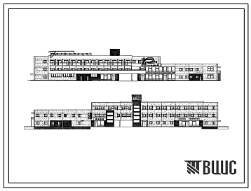 Фасады Типовой проект 282-5-51с Гостиница на 100 мест с помещением дополнительного обслуживания и комплексным предприятием общественного питания. Для строительства в 4А и 4Г климатических подрайонах сейсмичностью 7, 8 и 9 баллов